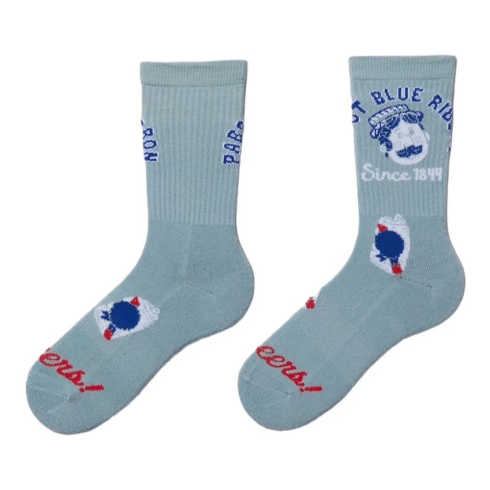 Pabst Blue Ribbon Crew Socks Blue Ribbed Graphic Unisex (10-13) Cheers Can NWT‎
